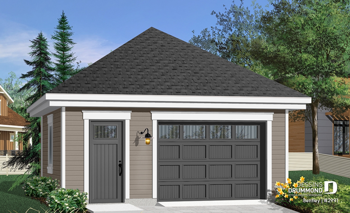 Vue avant - MODÈLE DE BASE - Plan de garage simple style champêtre suffisamment grand pour avoir un secteur rangement ou atelier - Bentley