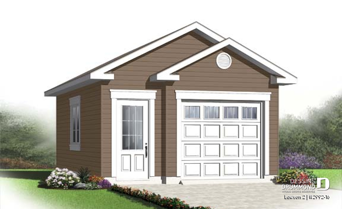 Vue avant - MODÈLE DE BASE - Petit plan de garage détaché pour 1 voiture, style pouvant s'intégrer à tous les genres de maison - Lawson 2
