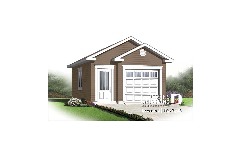 Vue avant - MODÈLE DE BASE - Petit plan de garage détaché pour 1 voiture, style pouvant s'intégrer à tous les genres de maison - Lawson 2