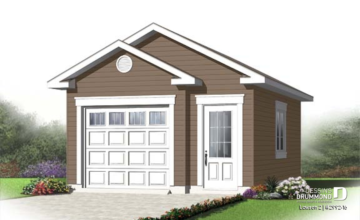 Vue avant - MODÈLE DE BASE - Petit plan de garage détaché pour 1 voiture, style pouvant s'intégrer à tous les genres de maison - Lawson 2