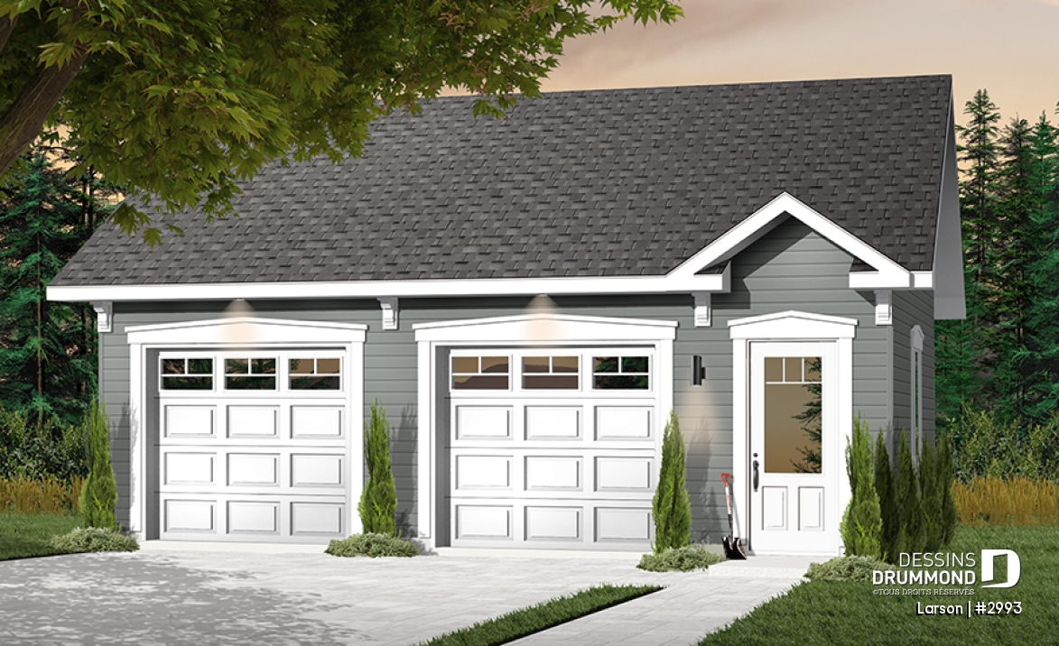Vue avant - MODÈLE DE BASE - Plan de garage conçu pour deux voitures avec espace de rangement - Larson