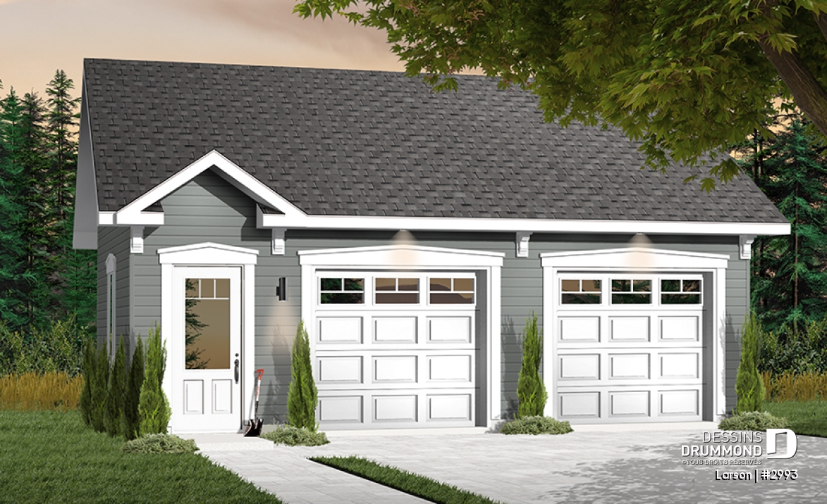 Vue avant - MODÈLE DE BASE - Plan de garage conçu pour deux voitures avec espace de rangement - Larson