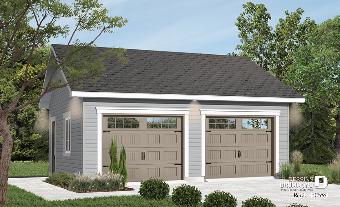 Vue avant - MODÈLE DE BASE - Plan de garage double, style champêtre, construction simple et économique, 2 portes et un design intemporel. - Nordet
