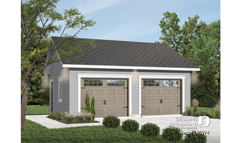 Vue avant - MODÈLE DE BASE - Plan de garage double, style champêtre, construction simple et économique, 2 portes et un design intemporel. - Nordet
