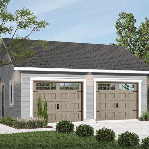 Vue avant - MODÈLE DE BASE - Plan de garage double, style champêtre, construction simple et économique, 2 portes et un design intemporel. - Nordet