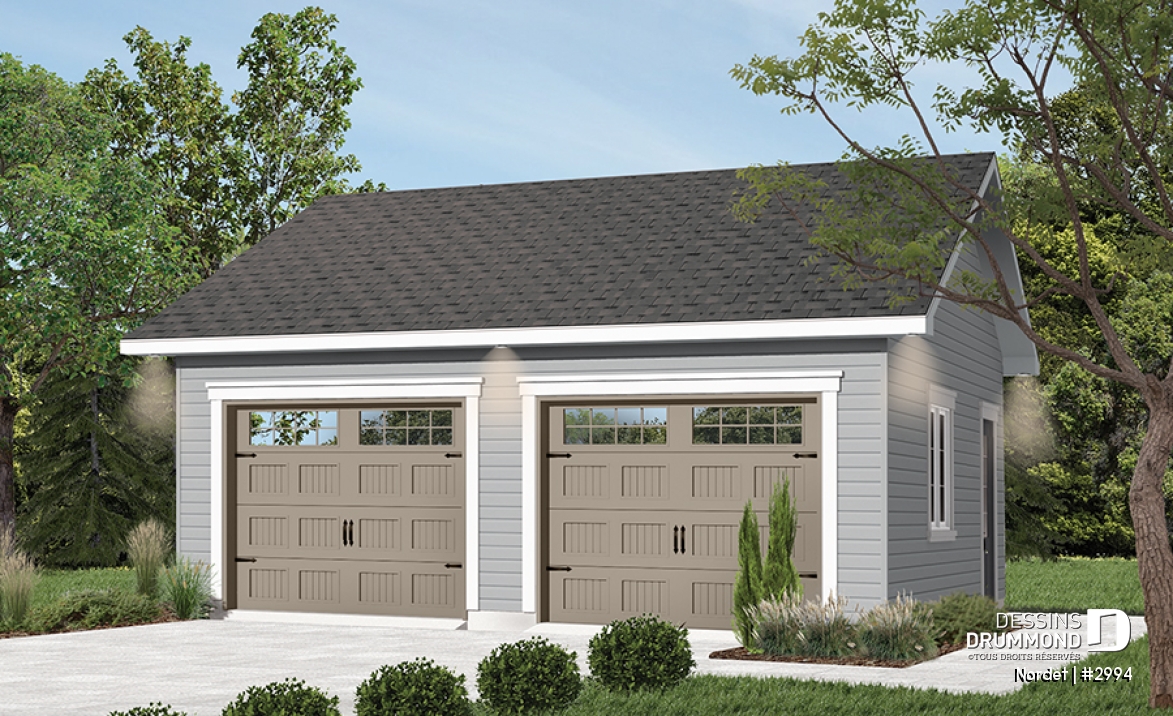 Vue avant - MODÈLE DE BASE - Plan de garage double, style champêtre, construction simple et économique, 2 portes et un design intemporel. - Nordet