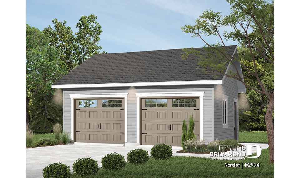 Vue avant - MODÈLE DE BASE - Plan de garage double, style champêtre, construction simple et économique, 2 portes et un design intemporel. - Nordet
