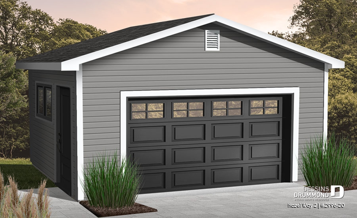 Vue avant - MODÈLE DE BASE - Plan de garage simple, sortie extérieur située sur le côté - Hazel Way 2