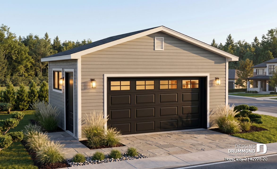 Vue avant - MODÈLE DE BASE - Plan de garage simple, sortie extérieur située sur le côté - Hazel Way 2