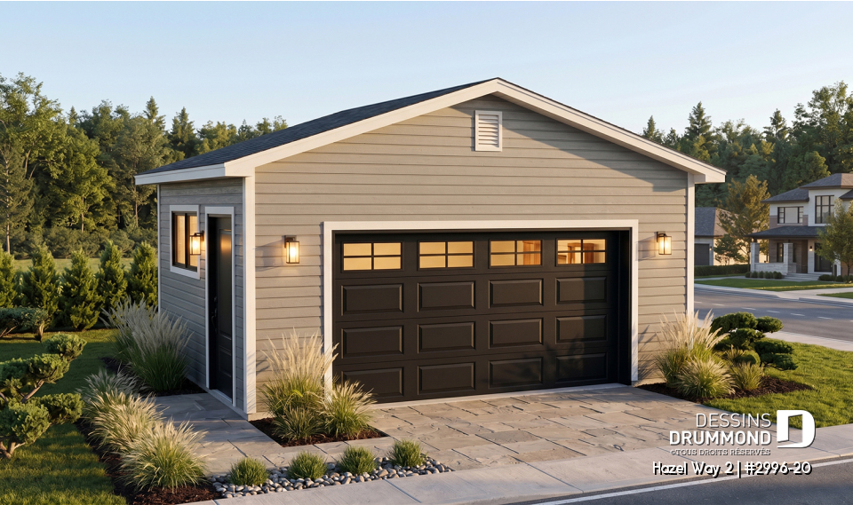 Vue avant - MODÈLE DE BASE - Plan de garage simple, sortie extérieur située sur le côté - Hazel Way 2