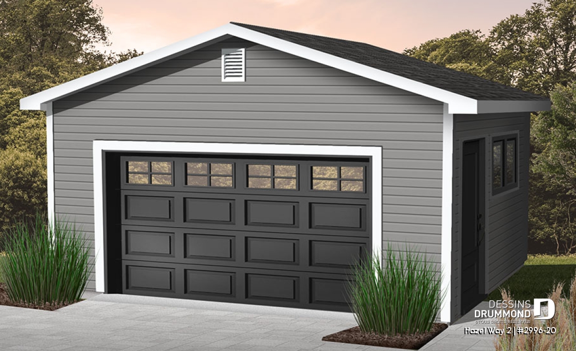 Vue avant - MODÈLE DE BASE - Plan de garage simple, sortie extérieur située sur le côté - Hazel Way 2