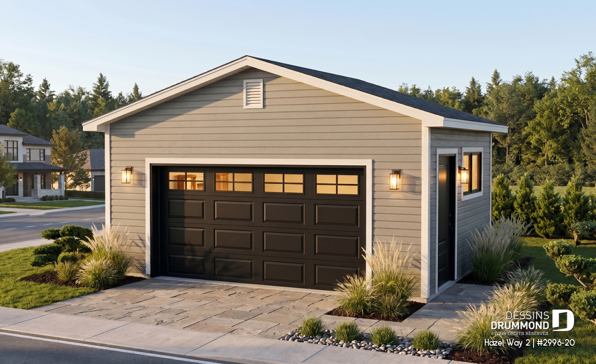 Vue avant - MODÈLE DE BASE - Plan de garage simple, sortie extérieur située sur le côté - Hazel Way 2