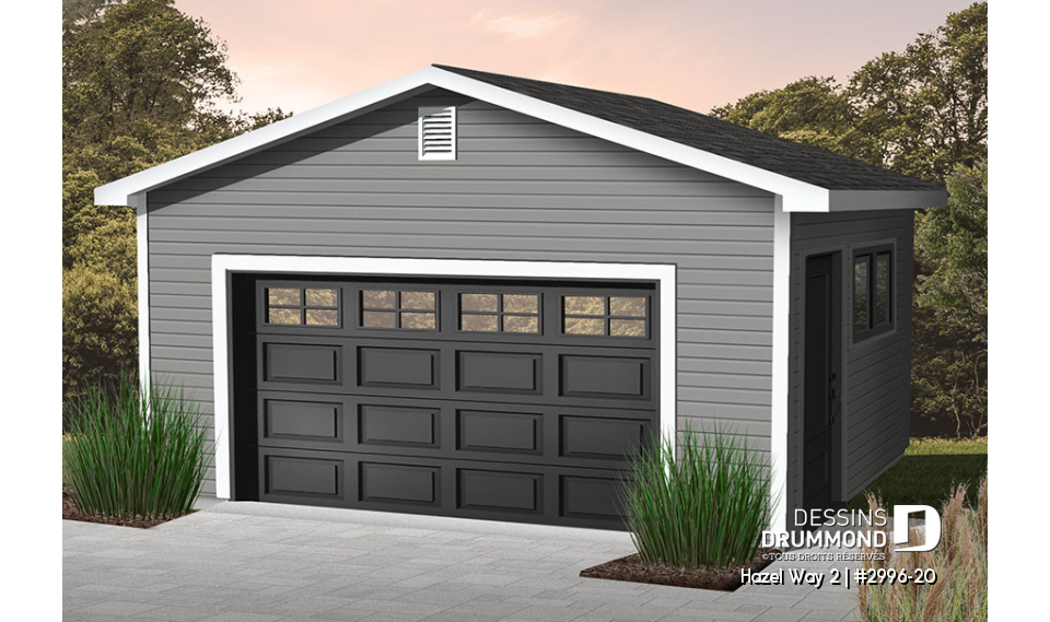 Vue avant - MODÈLE DE BASE - Plan de garage simple, sortie extérieur située sur le côté - Hazel Way 2