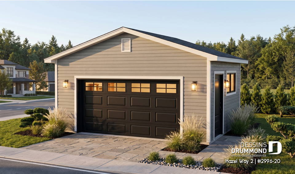 Vue avant - MODÈLE DE BASE - Plan de garage simple, sortie extérieur située sur le côté - Hazel Way 2