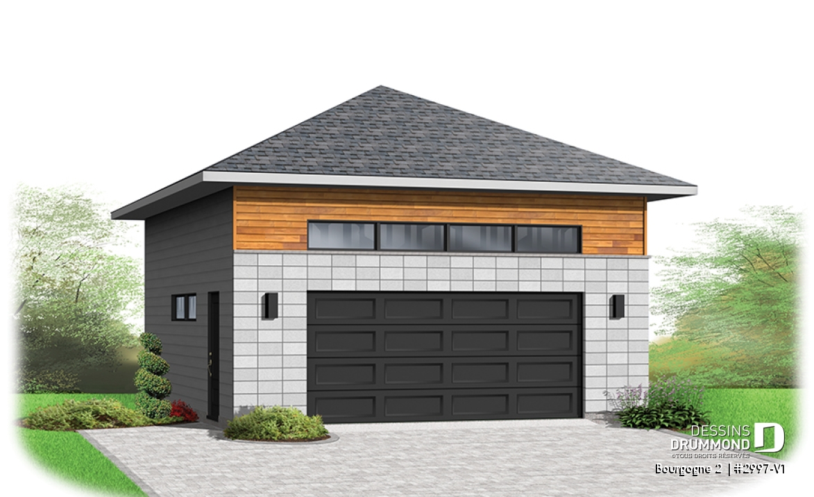 Vue avant - MODÈLE DE BASE - Plan de garage contemporain/zen pour 2 voiture avec grande fenêtre et mezzanine pour rangement - Bourgogne 2 