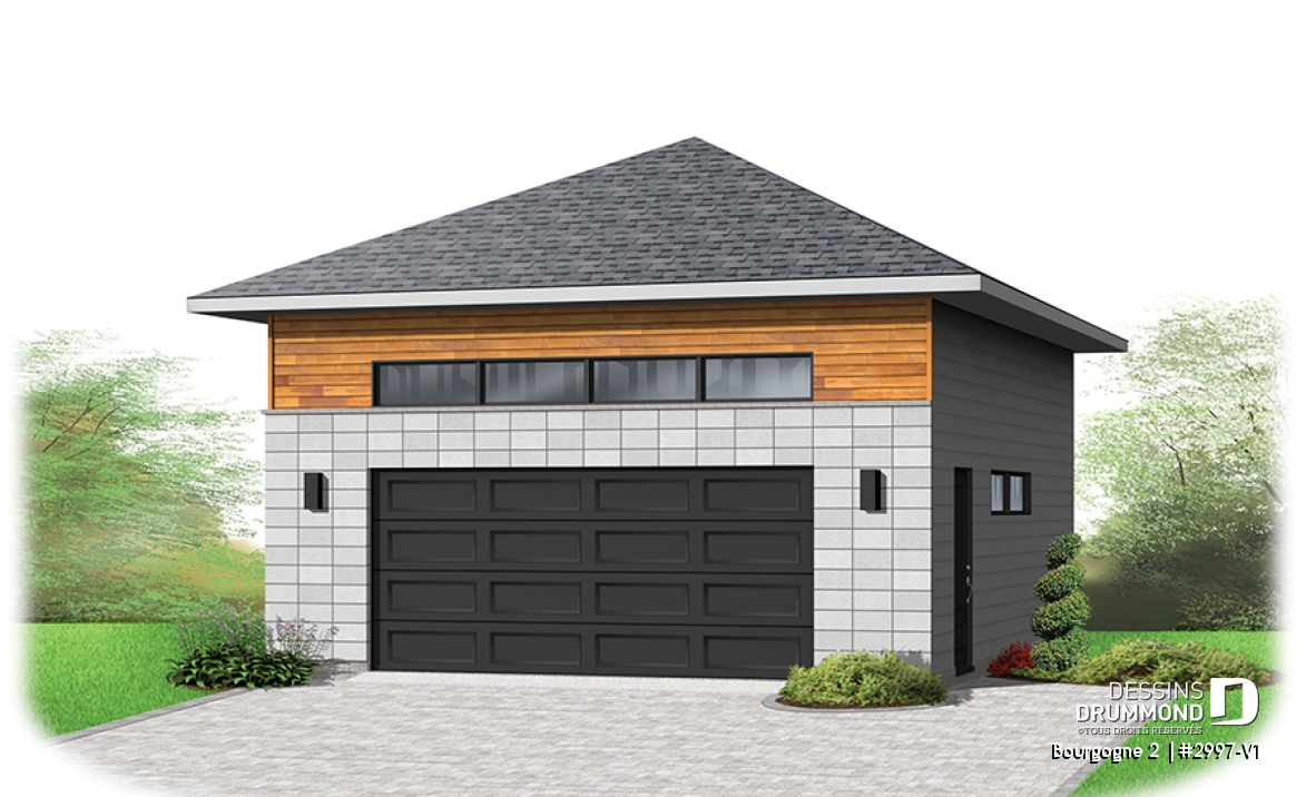 Vue avant - MODÈLE DE BASE - Plan de garage contemporain/zen pour 2 voiture avec grande fenêtre et mezzanine pour rangement - Bourgogne 2 