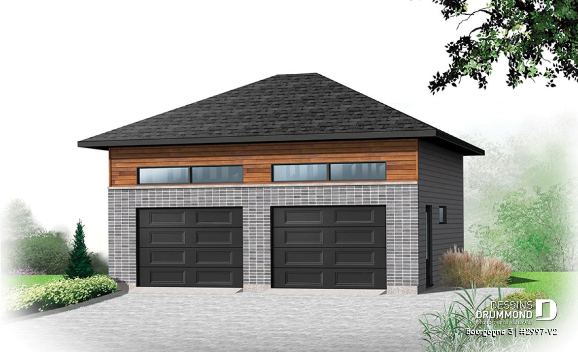Vue avant - MODÈLE DE BASE - Garage double de style contemporain avec beaucoup de lumière, et rangement en mezzanine - Bourgogne 3