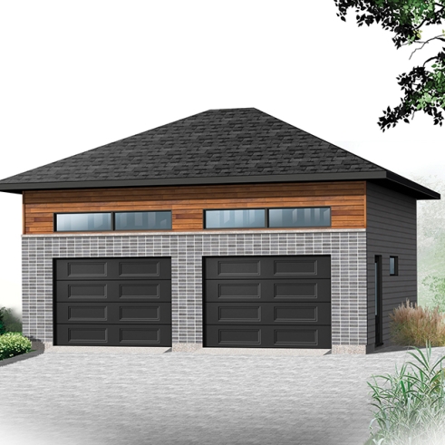 Vue avant - MODÈLE DE BASE - Garage double de style contemporain avec beaucoup de lumière, et rangement en mezzanine - Bourgogne 3