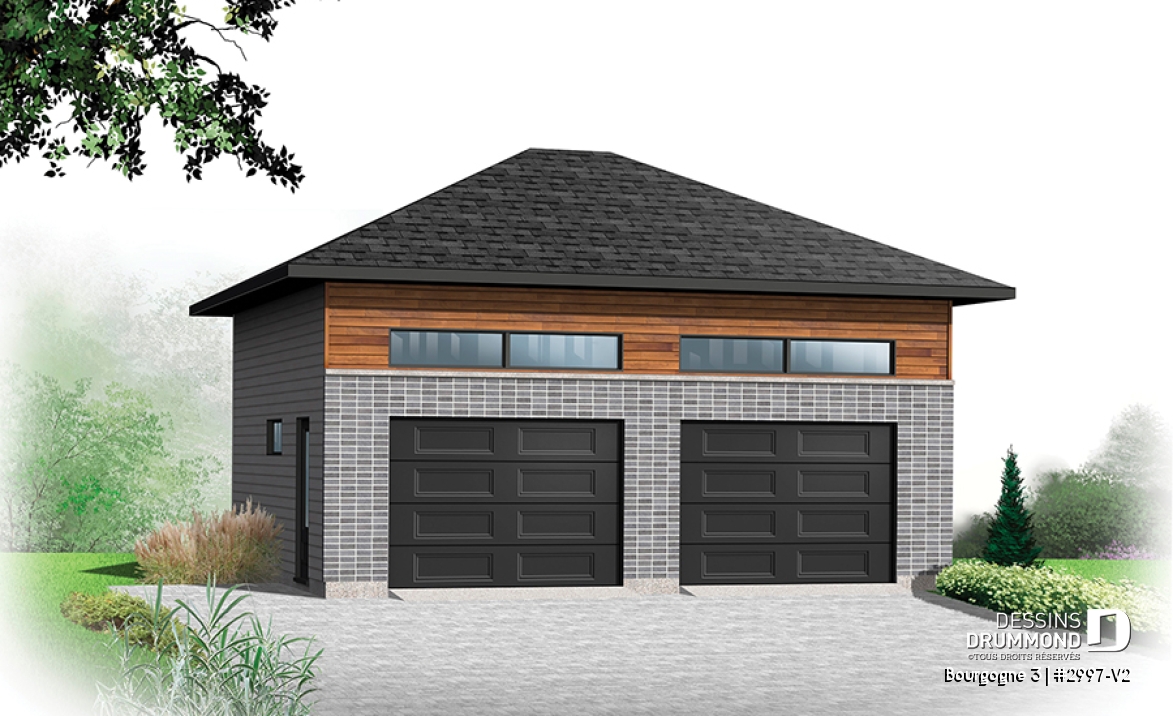Vue avant - MODÈLE DE BASE - Garage double de style contemporain avec beaucoup de lumière, et rangement en mezzanine - Bourgogne 3