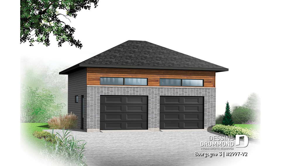 Vue avant - MODÈLE DE BASE - Garage double de style contemporain avec beaucoup de lumière, et rangement en mezzanine - Bourgogne 3