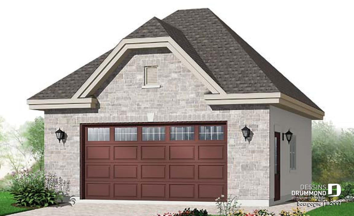 Vue avant - MODÈLE DE BASE - Élégant plan de garage double détaché de style Européen, avec plafond à 9'6''. - Bourgogne