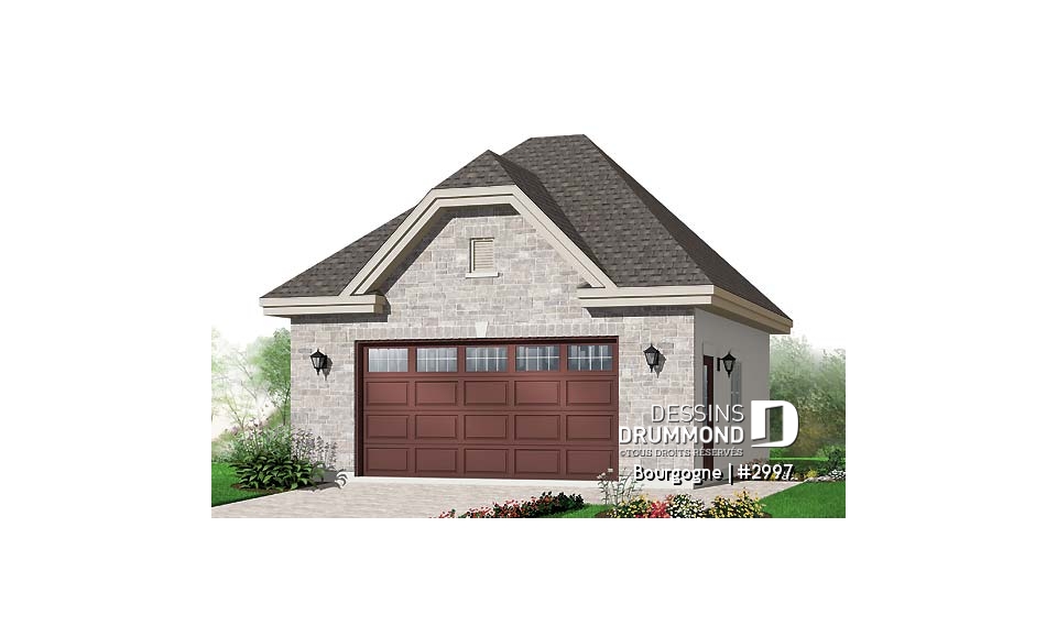 Vue avant - MODÈLE DE BASE - Élégant plan de garage double détaché de style Européen, avec plafond à 9'6''. - Bourgogne