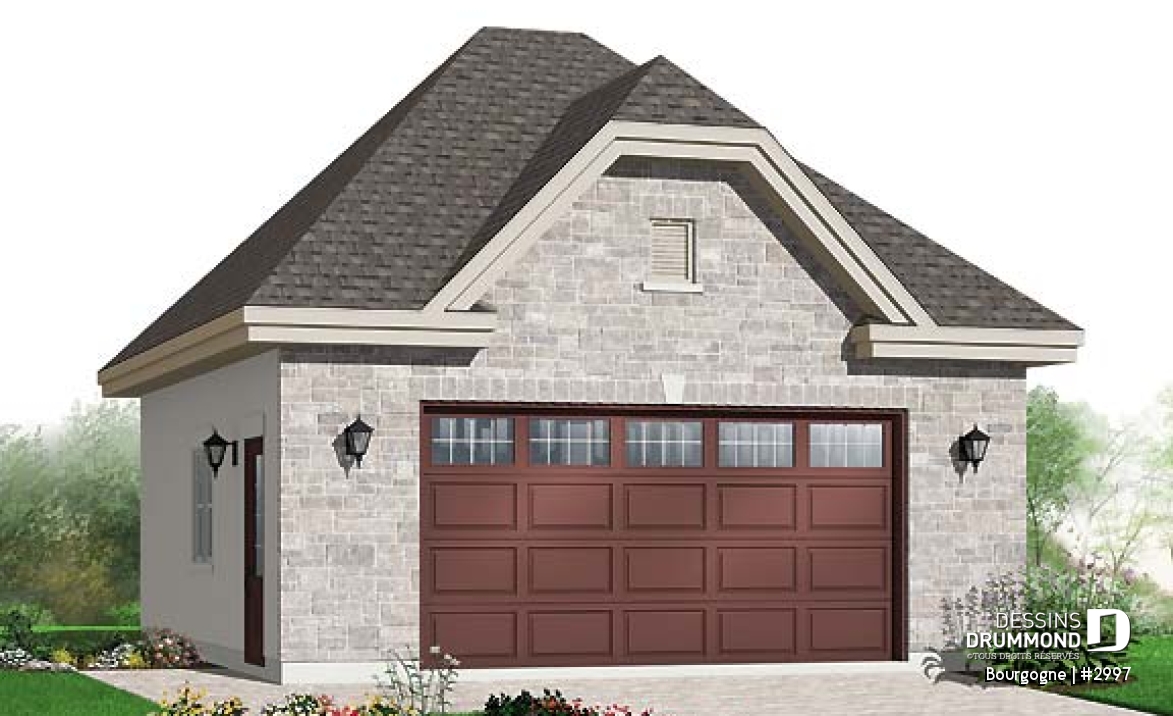 Vue avant - MODÈLE DE BASE - Élégant plan de garage double détaché de style Européen, avec plafond à 9'6''. - Bourgogne