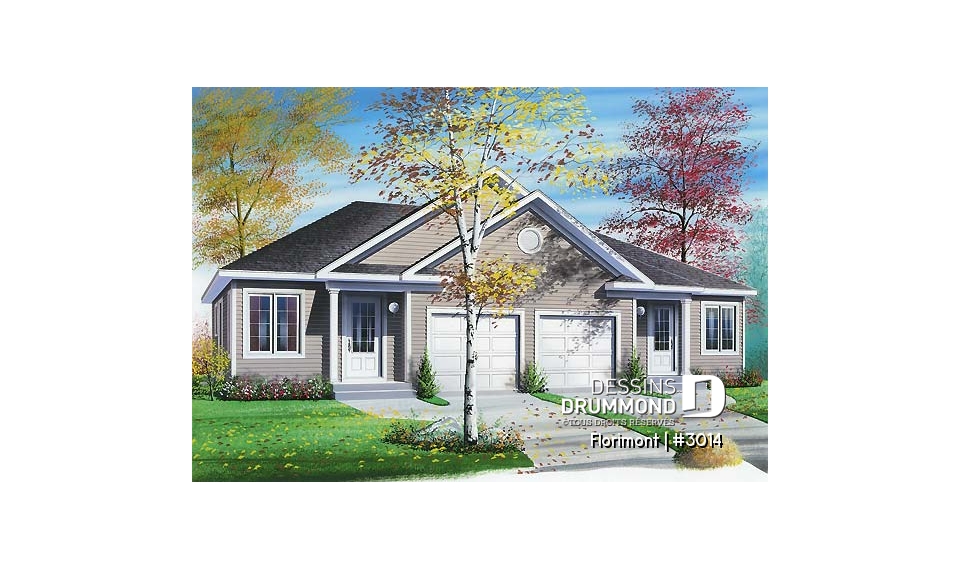 Vue avant - MODÈLE DE BASE - Plan de jumelé avec garage, 2 chambres et sous-sol à aménager (non-fini), construction abordable - Florimont