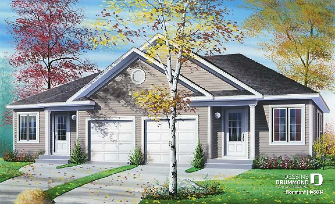 Vue avant - MODÈLE DE BASE - Plan de jumelé avec garage, 2 chambres et sous-sol à aménager (non-fini), construction abordable - Florimont