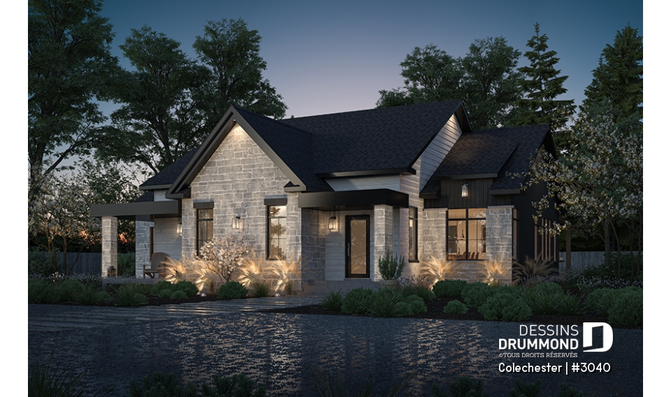 Vue avant - MODÈLE DE BASE - Plan de maison bi-génération, 1 et 2 chambres, entrées séparées, plein sous-sol unité de droite - Colechester