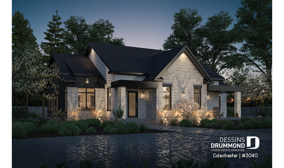 Vue avant - MODÈLE DE BASE - Plan de maison bi-génération, 1 et 2 chambres, entrées séparées, plein sous-sol unité de droite - Colechester