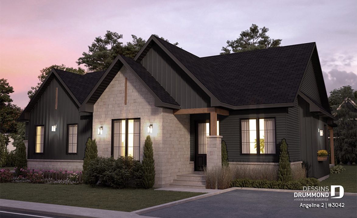 Vue avant - MODÈLE DE BASE - Plan de maison bi-génération de style farmhouse moderne, total de 2+1 chambres, terrasse abritée - Angeline 2