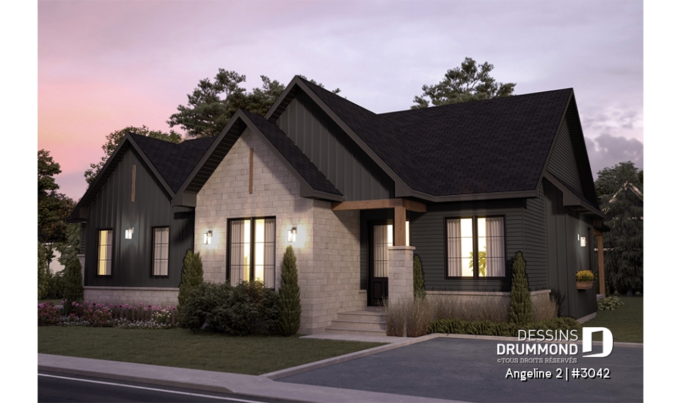 Vue avant - MODÈLE DE BASE - Plan de maison bi-génération de style farmhouse moderne, total de 2+1 chambres, terrasse abritée - Angeline 2