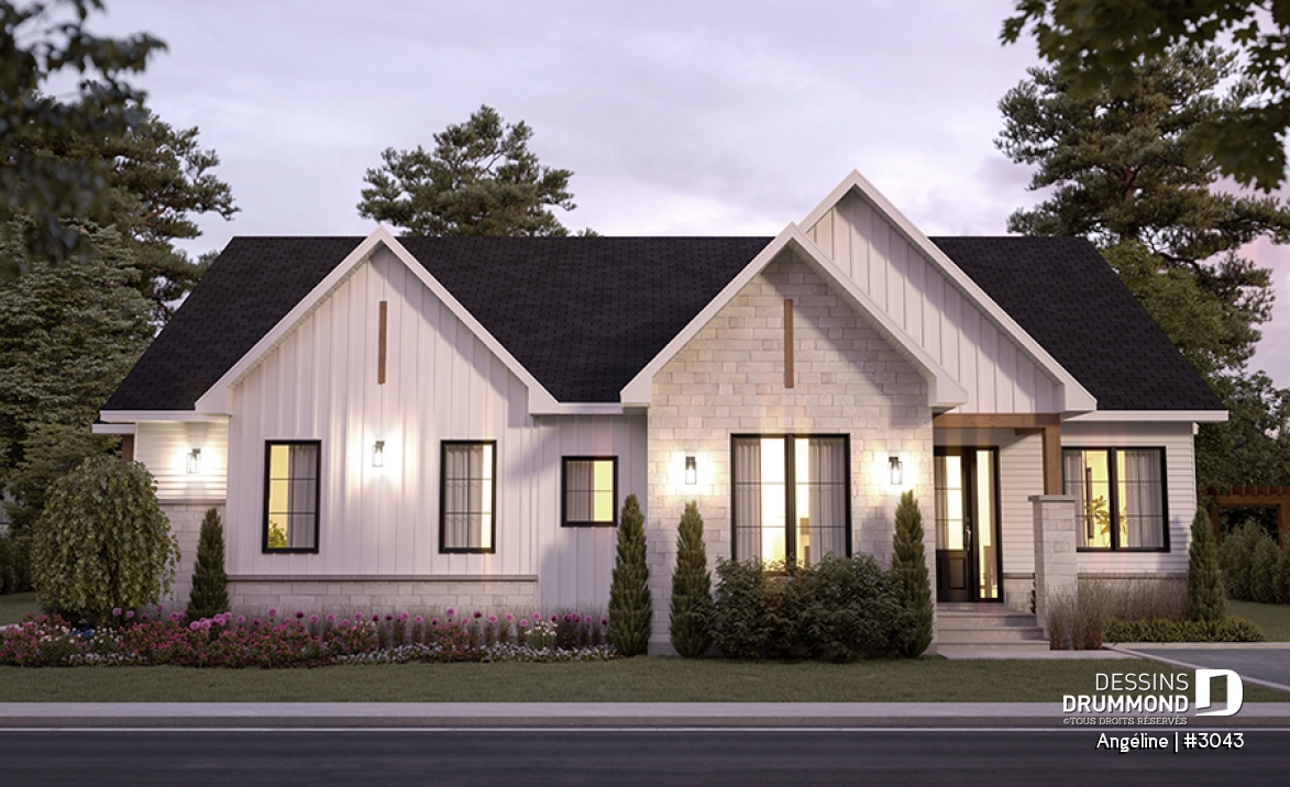 Vue avant - MODÈLE DE BASE - Plan de maison bi-génération plain-pied, 1+3 chambres, terrasse abritée, 2 foyers côté famille  - Angéline