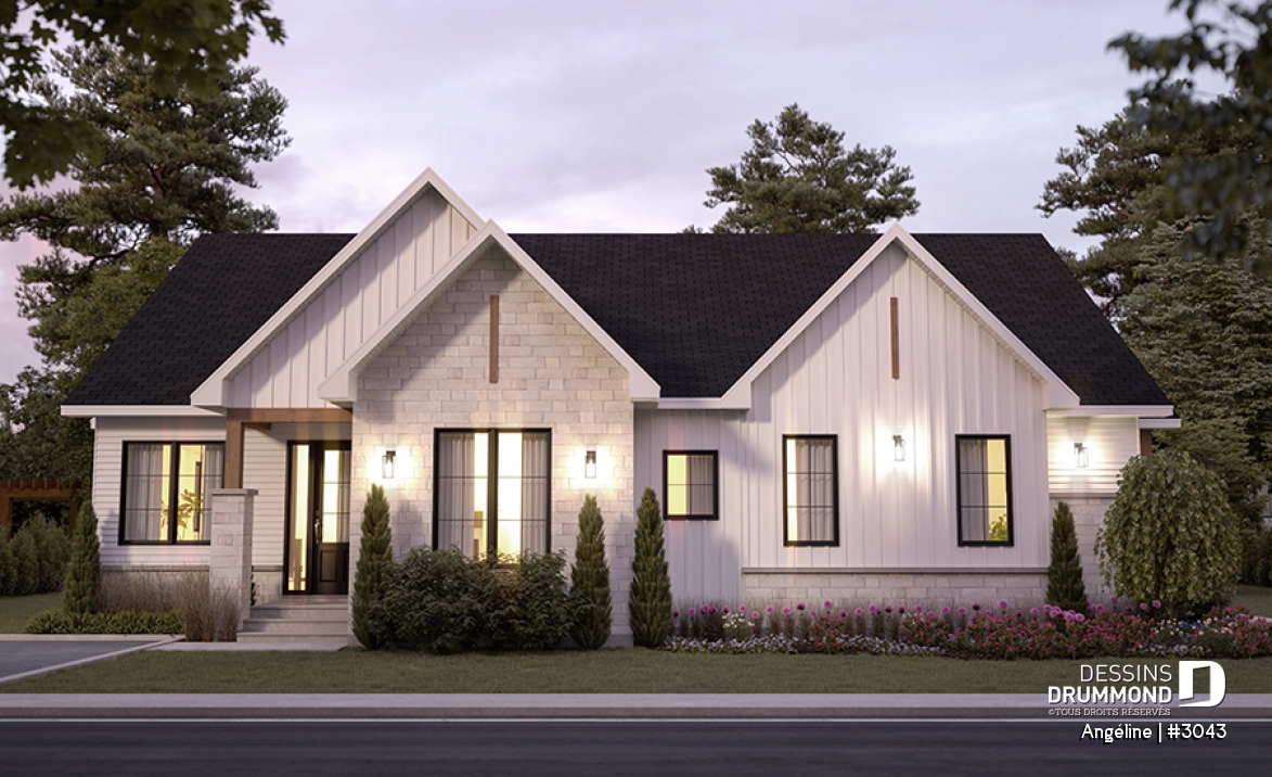 Vue avant - MODÈLE DE BASE - Plan de maison bi-génération plain-pied, 1+3 chambres, terrasse abritée, 2 foyers côté famille  - Angéline