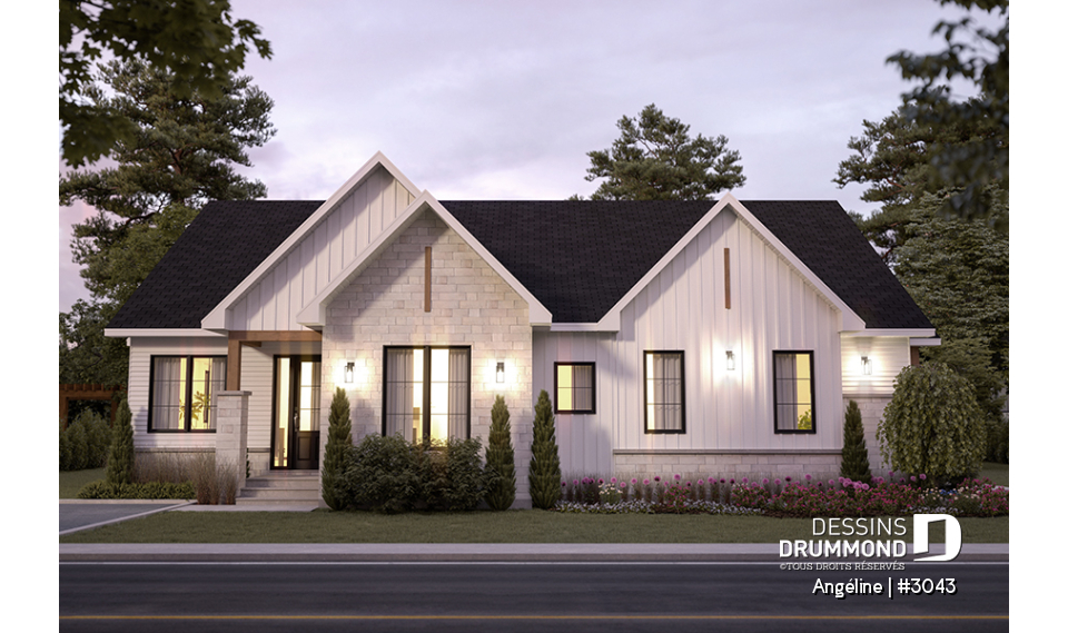 Vue avant - MODÈLE DE BASE - Plan de maison bi-génération plain-pied, 1+3 chambres, terrasse abritée, 2 foyers côté famille  - Angéline