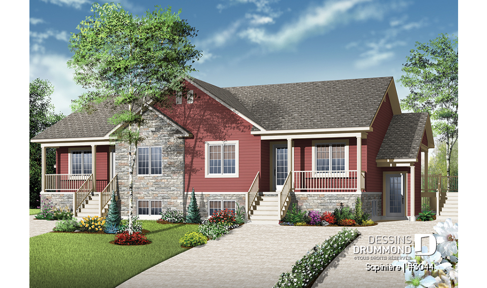 Vue avant - MODÈLE DE BASE - Plan de 4 logements, 2 chambres, 1 salle de bain avec buanderie, cuisine, salle à manger et salon à l'arrière - Sapinière