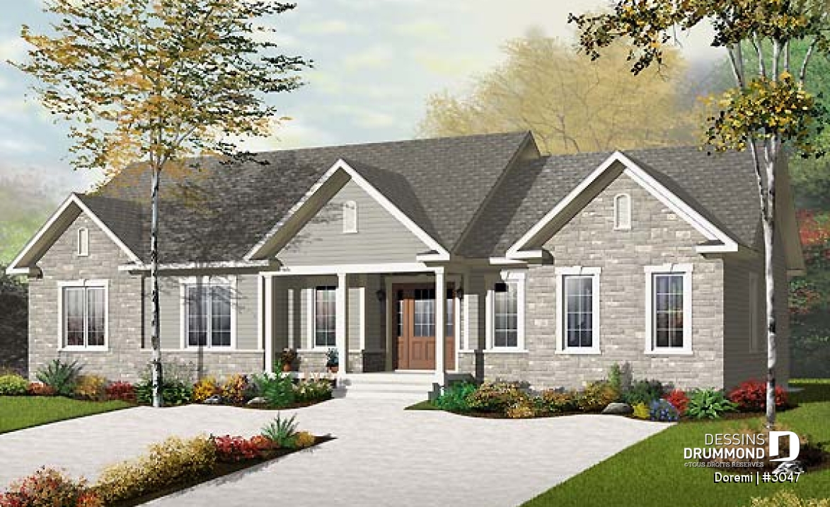 Vue avant - MODÈLE DE BASE - Plan de maison intergénérationnelle, 2 grands logements, entrée commune, beau style champêtre - Doremi
