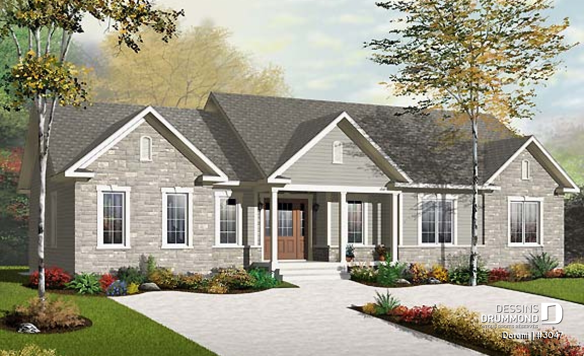 Vue avant - MODÈLE DE BASE - Plan de maison intergénérationnelle, 2 grands logements, entrée commune, beau style champêtre - Doremi