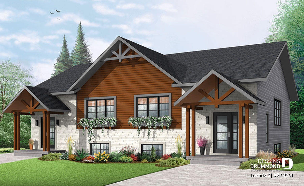 Vue avant - MODÈLE DE BASE - Plan maison jumelée, 2 options au r-d-c, 3 chambres, 2 salles de bain et 2 salles familiales - Lucinda 2