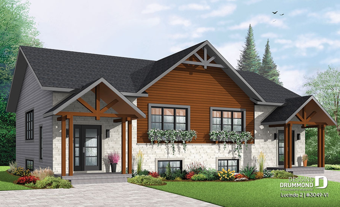 Vue avant - MODÈLE DE BASE - Plan maison jumelée, 2 options au r-d-c, 3 chambres, 2 salles de bain et 2 salles familiales - Lucinda 2