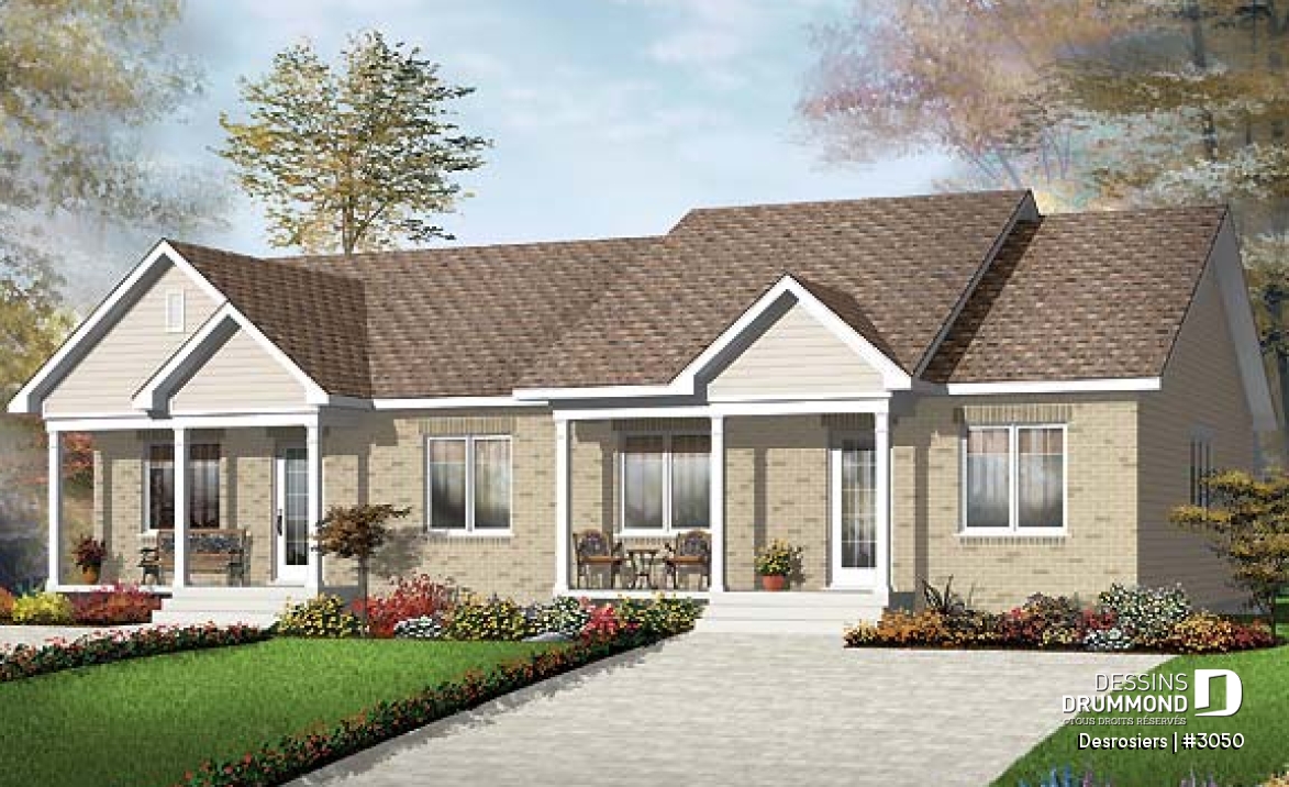 Vue avant - MODÈLE DE BASE - Plan de maison jumelé, 2 chambres, belle galerie avant, buanderie au rez-de-chaussée, comptoir-lunch - Desrosiers