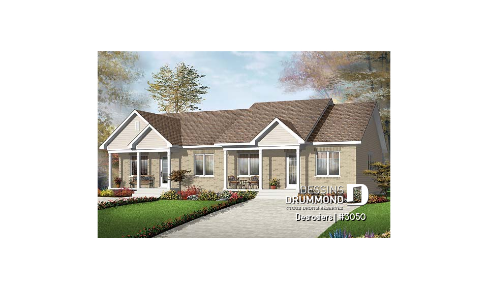 Vue avant - MODÈLE DE BASE - Plan de maison jumelé, 2 chambres, belle galerie avant, buanderie au rez-de-chaussée, comptoir-lunch - Desrosiers