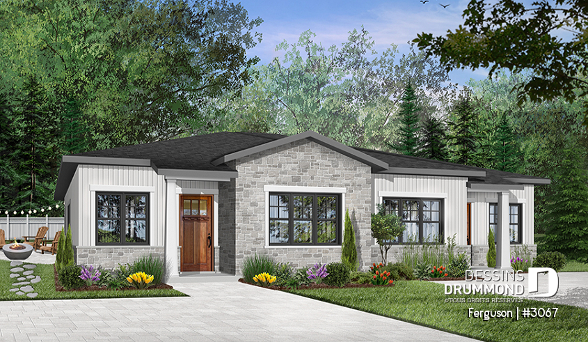 Version couleur no. 1 - Vue avant - Plan de jumelé sur dalle, chambre des maîtres avec walk-in et salle de bain privée, à aire ouverte, s-sol opt. - Ferguson