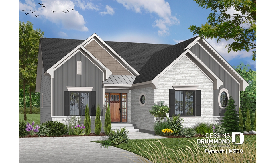 Version couleur no. 8 - Vue avant - Bungalow 3 chambres, superbe secteur cuisine, salle à manger et salon avec foyer central, buanderie - Plymouth