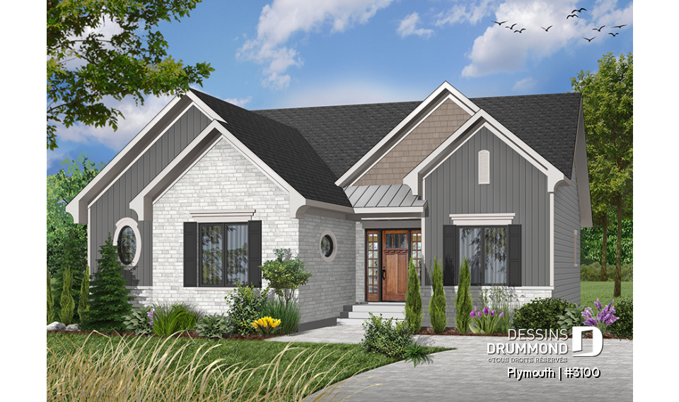 Version couleur no. 8 - Vue avant - Bungalow 3 chambres, superbe secteur cuisine, salle à manger et salon avec foyer central, buanderie - Plymouth