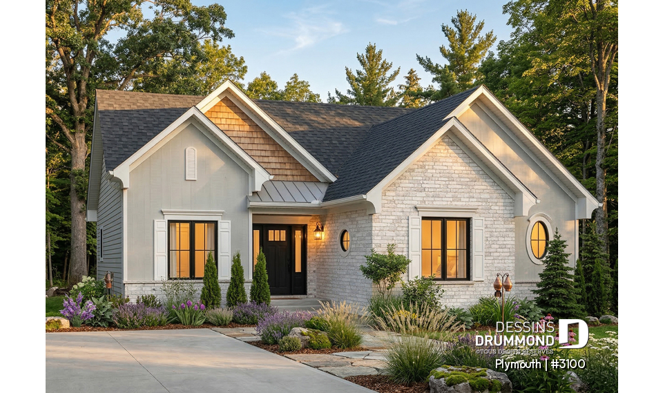 Vue avant - MODÈLE DE BASE - Bungalow 3 chambres, superbe secteur cuisine, salle à manger et salon avec foyer central, buanderie - Plymouth