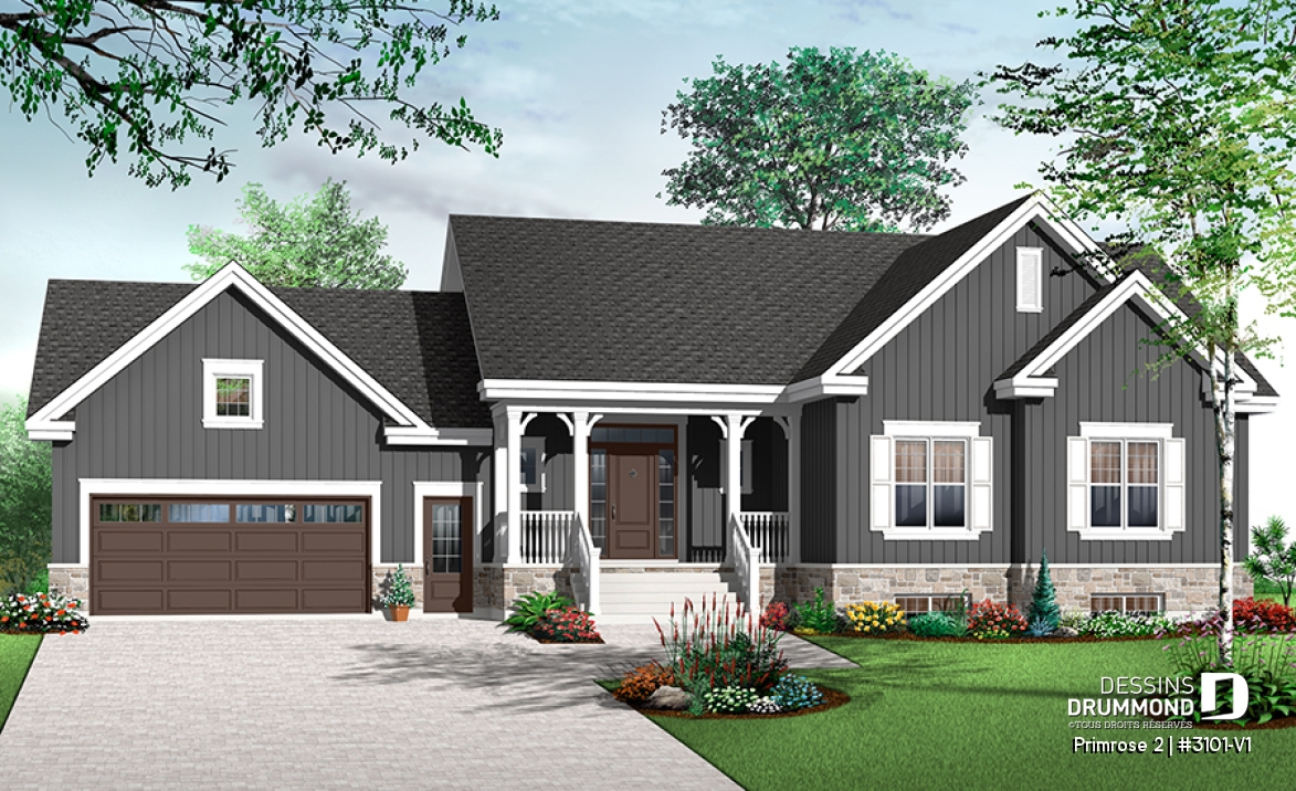 Version couleur no. 2 - Vue avant - Plan de plain-pied 6 chambres dont 3 au rdc., garage double, coin ordinateur, 2 séjours, superbe aménagement - Primrose 2