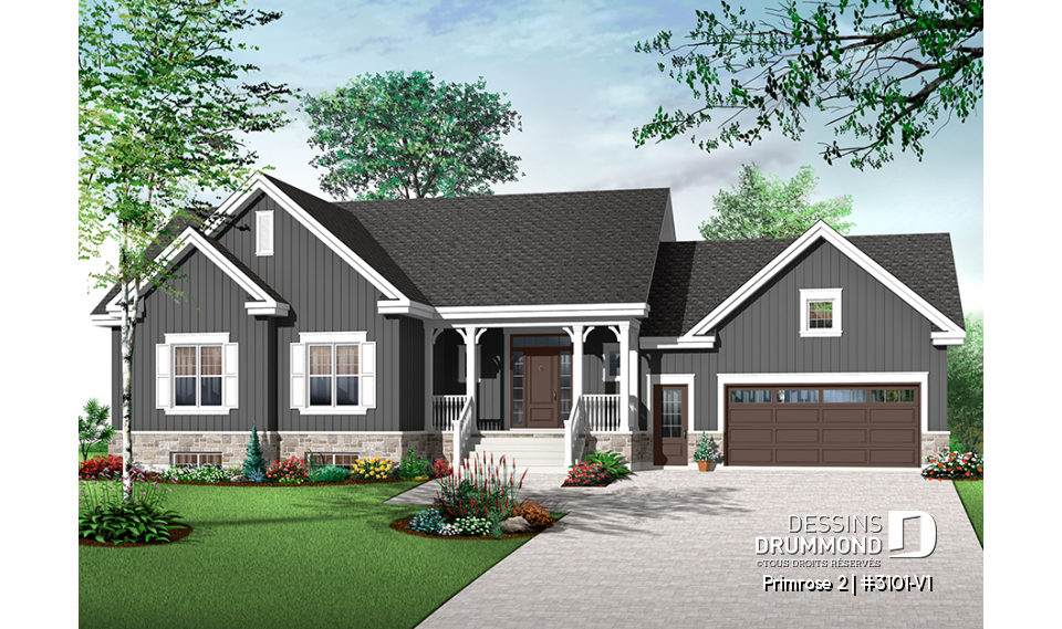 Version couleur no. 2 - Vue avant - Plan de plain-pied 6 chambres dont 3 au rdc., garage double, coin ordinateur, 2 séjours, superbe aménagement - Primrose 2
