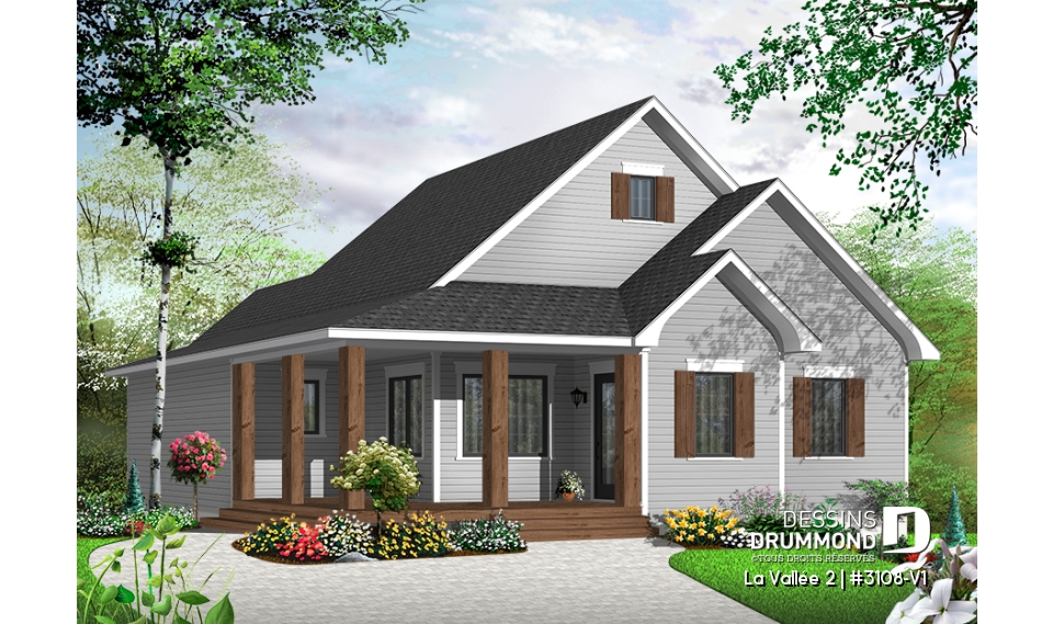 Version couleur no. 1 - Vue avant - Plan de plain-pied champêtre, 5 chambres dont 2 au rez-de-chaussée, salle de jeux, aire ouverte - La Vallée 2